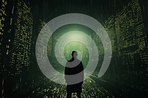 portrait of a man on a dark green background, looks like a hacker, particles of light, cybernetics, science fiction concept