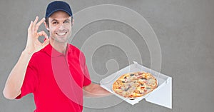 Portrait of man delivering pizza gesturing OK sign while standing against gray background