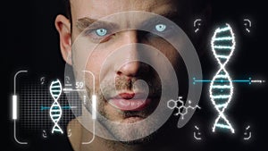 Portrait man dna holograms vision analysing genes collecting biological data