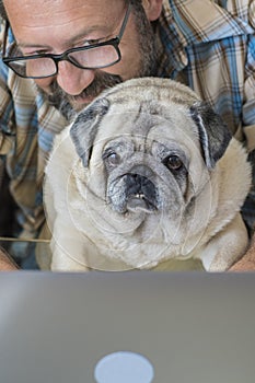 Portrait of man and dog working together at home with laptop computer - concept of free smart work lifestyle people - caucasian