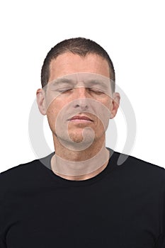 Portrait of a man eyes clossed on white background