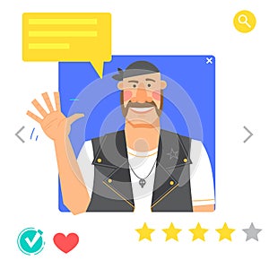 Portrait of Man - graphic avatars for social networking or dating site. The male biker waves his hand in greeting