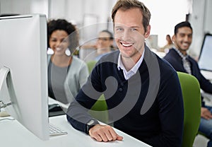 Portrait, man and group with computer, smile and office as team for company, corporate or business. Businesspeople