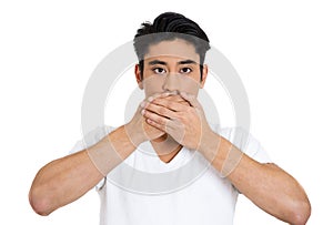 portrait of a man with hands over his mouth, stunned and speechless, isolated on white background