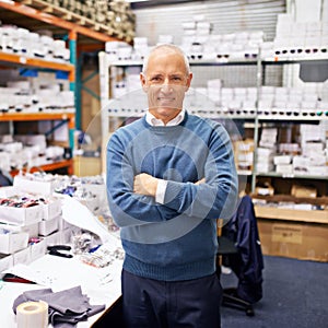 Portrait, man and happy shelves in distribution warehouse and pride in career as inspection of stock. Positive face