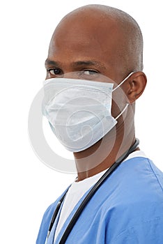 Portrait, man and mask with doctor, professional or confident employee isolated on white studio background. Face cover