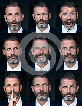 Portrait of man multiple face expressions composite