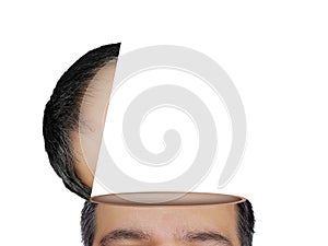 Portrait of a man with open head manipulation surreal image solated on white background. He has empty head ideal for adding elemen photo