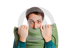 Portrait of a man in pajamas sleepless, isolated on white