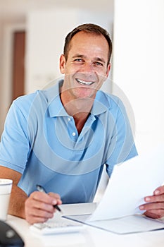 Portrait, man or paper in business, budget or planning of finance, accounting or tax management. Businessman, calculator