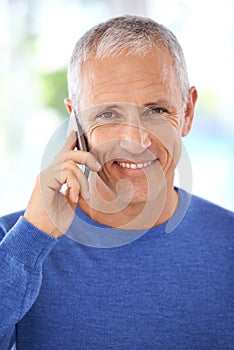 Portrait, man and phone call for contact, communication or talking with smile for good news. Happy, mature male person