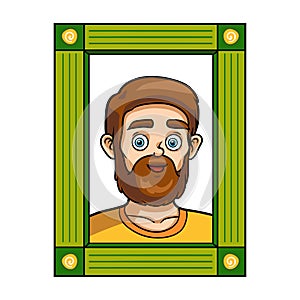 Portrait of a man in photo frame, cute cartoon male character with a beard