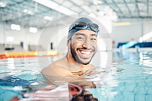 Portrait, man and relax in swimming pool with cap in sports wellness, training or exercise for body healthcare. Workout