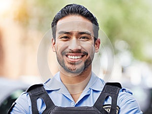 Portrait of man, security guard or smile of safety officer for protection service or patrol in city. Law enforcement