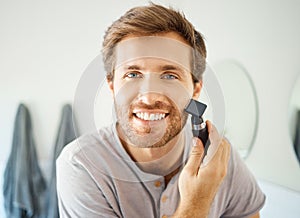 Portrait, man and shave beard with razor for hair removal, aesthetic skincare and facial beauty cleaning in morning at