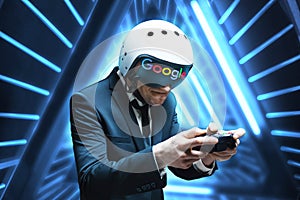 Portrait of a man in a suit and helmet of a pilot with a joystick in his hands. Game concept