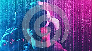 Portrait of a man in virtual reality helmet over abstract digital background. Obscured dark face in VR goggles. Internet