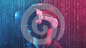 Portrait of a man in virtual reality helmet over abstract digital background. Obscured dark face in VR goggles. Internet