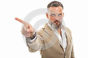 Portrait of man wearing smart casual clothes making denial gesture