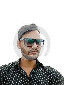 portrait of a man wearing sunglasses black T-shirt white background