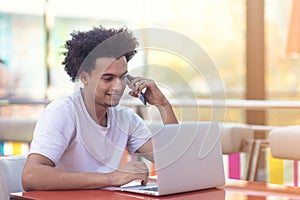 Portrait of man working on laptop on the phone