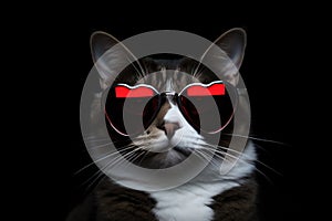 Portrait Manx Cat With Heart Shaped Sunglasses Black Background