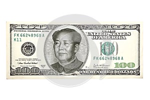 Portrait of Mao Ce Dun over American dollar