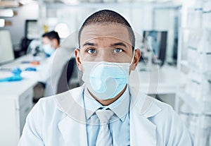 Portrait, mask and man in a laboratory, research and career with covid protection, medical and safety. Face cover