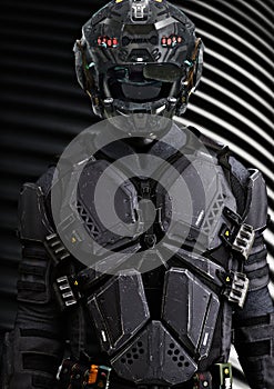 Portrait of a masked futuristic armored sci fi soldier with a studio background.