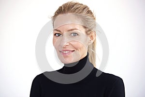 Portrait of mature beautfy smiling to you while posing at isolated white background