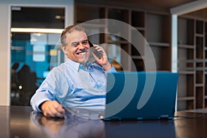 Portrait of mature businessman using laptop computer in office and talking on mobile phone