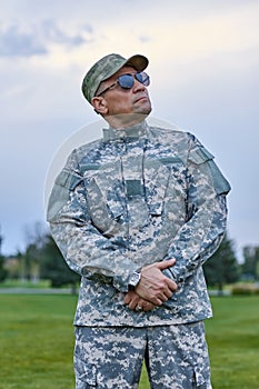 Portrait of mature caucasian proudful soldier.