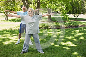 Portrait of mature couple stretching hands at park
