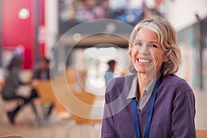 Portrait Of Mature Female Teacher Or Student Working At Table In College Hall