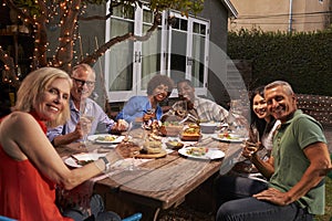 Portrait Of Mature Friends Enjoying Outdoor Meal In Backyard