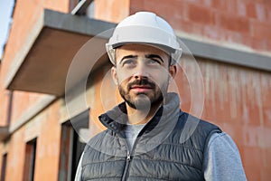 portrait mature male worker on construction site photo