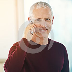 Portrait, mature man and phone call for contact, communication or talking with smile for good news. Happy, senior male