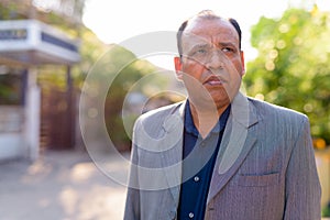 Portrait of mature overweight Indian businessman in suit outdoors
