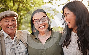 Portrait, mature parents and daughter laugh at retirement joke, goofy park journey or funny humour in wellness garden