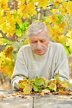 Portrait of mature thoughtful man sitting at table outdoors over autumn background