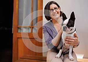 Portrait, mature woman and smile with dog, happiness and relax with pet in home and outdoor. Summer, house and female