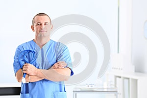 Portrait of medical assistant with stethoscope in hospita
