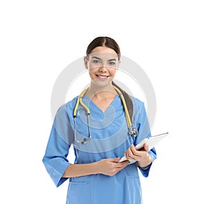 Portrait of medical assistant with stethoscope and tablet