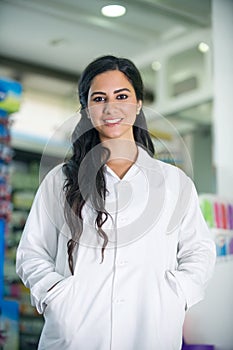 Portrait of a medical personnel, or doctor in pharmacy