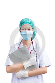 Portrait of Medical physician doctor or nurse uniform wearing surgical mask with computer notebook isolated on white background,
