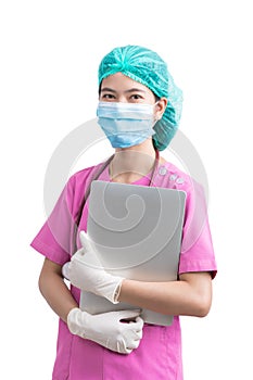 Portrait of Medical physician doctor or nurse uniform wearing surgical mask with computer notebook isolated on white background,