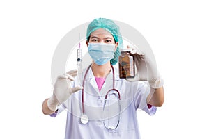 Portrait of Medical physician doctor or nurse uniform wearing surgical mask and vaccine dose flu shot drug syringe isolated on