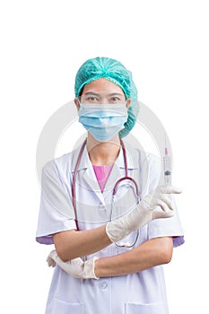 Portrait of Medical physician doctor or nurse uniform wearing surgical mask and vaccine dose flu shot drug syringe isolated on