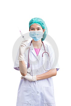Portrait of Medical physician doctor or nurse uniform wearing surgical mask and vaccine dose flu shot drug syringe isolated on