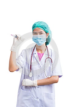 Portrait of Medical physician doctor or nurse uniform wearing surgical mask and vaccine dose flu shot drug syringe isolated on